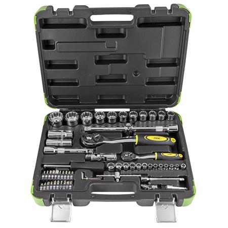 JBM 60 Pieces Tool Case With 1/2 And 1/4 12 Point Spline Sockets   Chrome Finish 