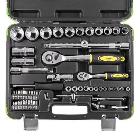JBM 60 Pieces Tool Case With 1/2 And 1/4 12 Point Spline Sockets   Chrome Finish 