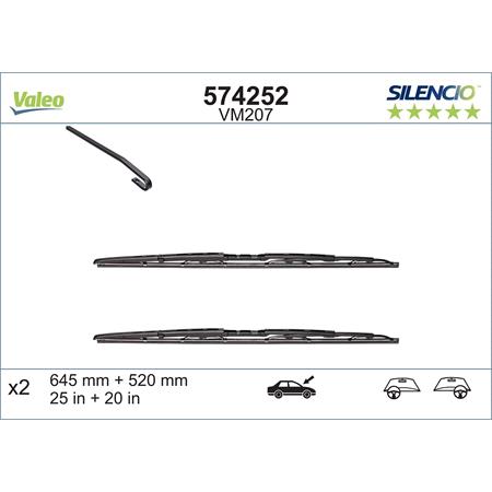 Valeo VM207 Silencio Flat Wiper Blades Front Set (645 / 520mm) for Peugeot 607, 2000 to 2012