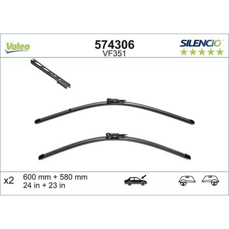 Valeo VF351 Silencio Flat Wiper Blades Front Set (600 / 580mm   Pinch Tab Arm Connection) for Alpina B5 Estate 2005 Onwards