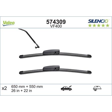 Valeo VF400 Silencio Flat Wiper Blades Front Set (650 / 550mm   Side Pin Arm Connection) for GRAND SCÉNIC 2004 to 2009