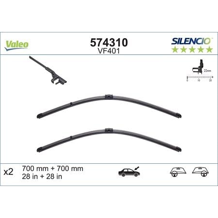 Valeo VF401 Silencio Flat Wiper Blades Front Set (700 / 700mm   Side Pin Arm Connection) for GOLF V PLUS 2005 to 0214