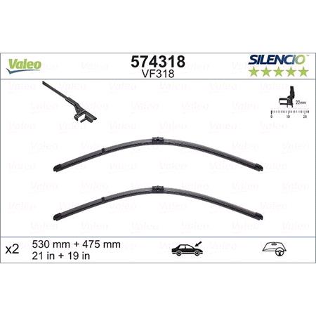 Valeo VF318 Silencio Flat Wiper Blades Front Set (530 / 475mm   Side Pin Arm Connection) for GOLF Mk IV 1997 to 2005