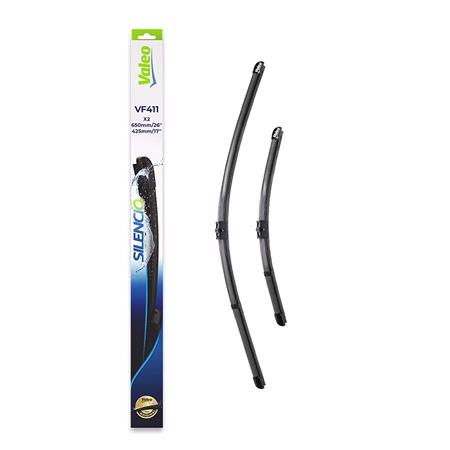 Valeo VF411 Silencio Flat Wiper Blades Front Set (650 / 425mm   Side Pin Arm Connection) for Peugeot 207 Van 2007 to 2012