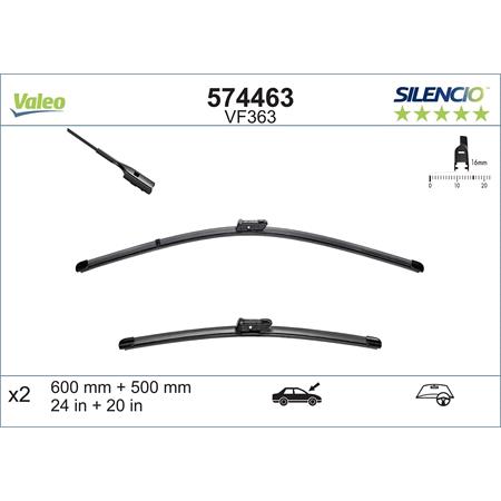 Valeo VF363 Silencio Flat Wiper Blades Front Set (600 / 500mm   Push Button Arm Connection) for Audi A4 2015 Onwards