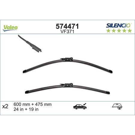 Valeo VF371 Silencio Flat Wiper Blades Front Set (600 / 475mm   Pinch Tab Arm Connection) for BMW 3 Series Convertible 2006 to 2011
