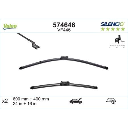 Valeo VF446 Silencio Flat Wiper Blades Front Set (600 / 400mm   Push Button Arm Connection) for Audi A6 ALLROAD 2000 to 2005