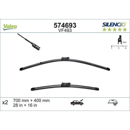 Valeo VF493 Silencio Flat Wiper Blades Front Set (700 / 400mm   Push Button Arm Connection) for Ford Tourneo Connect 2022 Onwards