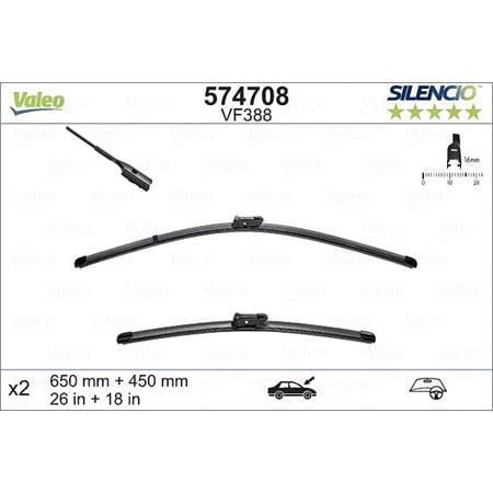 Valeo VF388 Silencio Flat Wiper Blades Front Set (650 / 450mm   Push Button Arm Connection) for Skoda Karoq 2017 Onwards