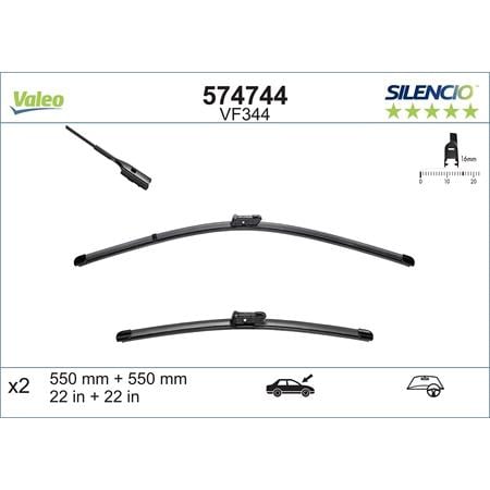 Valeo VF344 Silencio Flat Wiper Blades Front Set (550 / 550mm   Push Button Arm Connection)