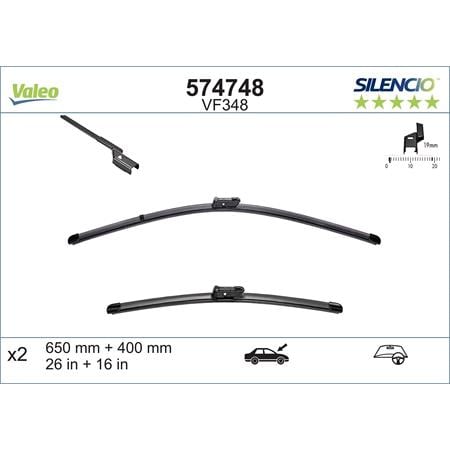 Valeo VF348 Silencio Flat Wiper Blades Front Set (650 / 400mm   Push Button Arm Connection) for Toyota Megane E Tech SUV 2021 Onwards