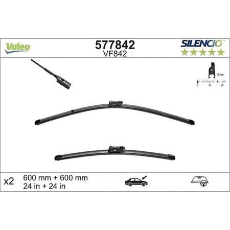Valeo VF842 Silencio Flat Wiper Blades Front Set (600 / 600mm   Push Button Arm Connection) for Volkswagen Amarok 2010 Onwards