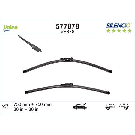 Valeo VF878 Silencio Flat Wiper Blades Front Set (750 / 750mm   Pinch Tab Arm Connection) for Ford S Max 2015 Onwards