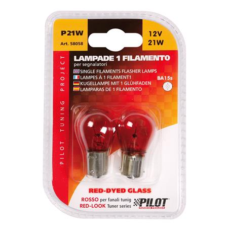 12V Red Dyed Glass, Single filament lamp   P21W   21W   BA15s   2 pcs    D Blister