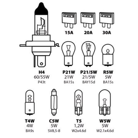 Spare lamps kit 11 pcs, 12V   H4 halogen