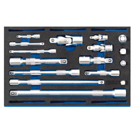 Draper 63530 Extension Bar, universal Joints and Socket Convertor Set 1 4 Drawer EVA Insert Tray (16 Piece)