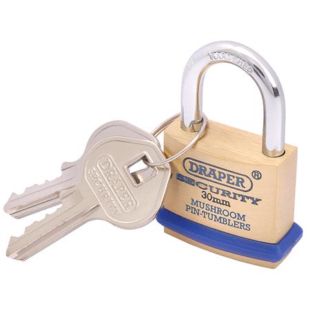 Draper 64160 30mm Solid Brass Padlock and 2 Keys with Mushroom Pin Tumblers Hardened Steel Shackle and Bumper