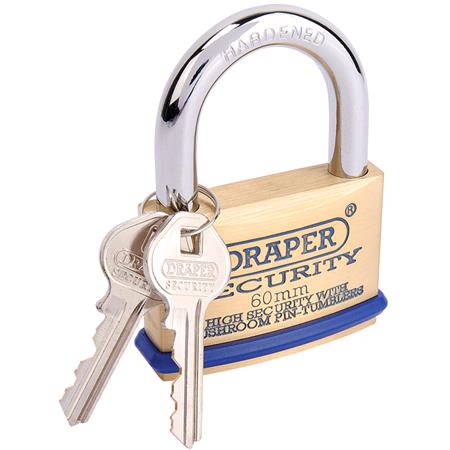 Draper 64163 60mm Solid Brass Padlock and 2 Keys with Mushroom Pin Tumblers Hardened Steel Shackle and Bumper