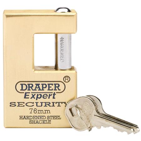 Draper Expert 64202 76mm Quality Close Shackle Solid Brass Padlock and 2 Keys with Hardened Steel Shackle