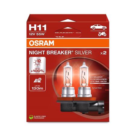 Osram Night Breaker Silver 12V 55W H11 +100% Brighter Twin Pack Bulbs for Audi A4, 2000 2004