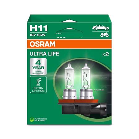 Osram Ultra Life 12V 55W H11 Twin Pack Bulbs for Audi A4, 2000 2004