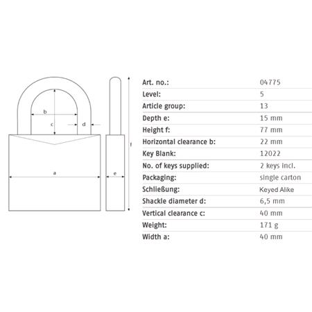 ABUS Compact Brass Long Shackle Keyed Alike Padlock   40mm   HB40