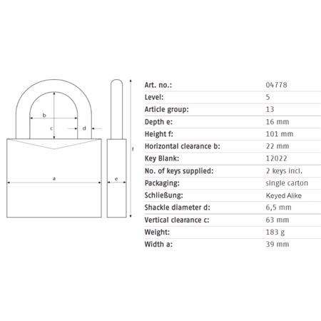 ABUS Compact Brass Long Shackle Keyed Alike Padlock   40mm   HB63
