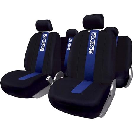 Sparco Universal Polyester Fabric Car Seat Cover Set   Black and Blue