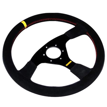 Steering wheel 350mm in diameter with 3 black spokes. Finished in black suede with yellow marker on top to hightlight centreline. The steering wheel design is flat. Fits most commonly used 6 hole x 70mm pcd hub kits (Momo, OMP, Sabelt, Sparco etc.).