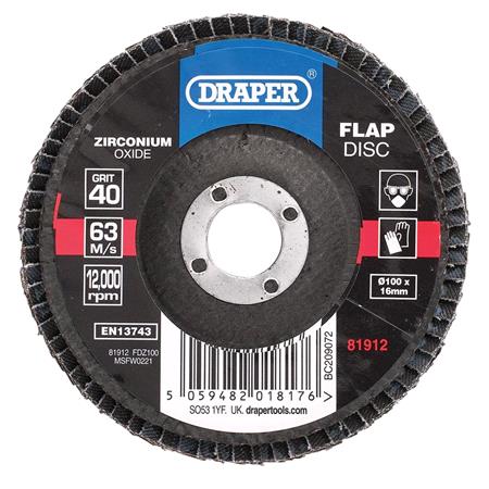 Draper 81912 Zirconium Oxide Flap Disc, 100 x 16mm, 40 Grit