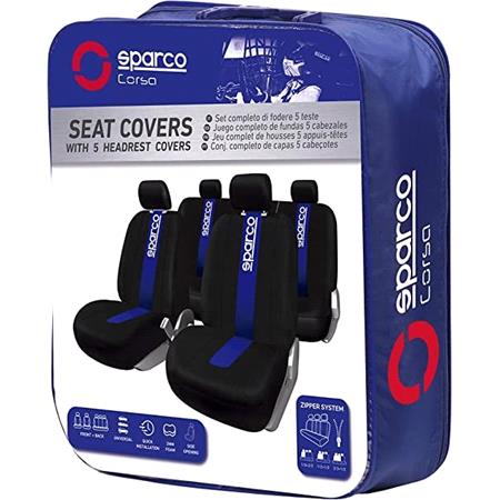 Sparco Universal Polyester Fabric Car Seat Cover Set   Black and Blue