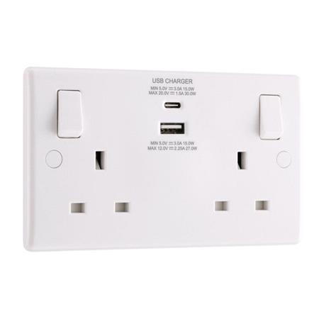 BG Electrical Double 13A Socket with Type A and C Charging Ports   30W
