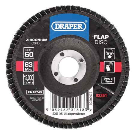 Draper 82351 Zirconium Oxide Flap Disc, 100 x 16mm, 60 Grit