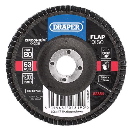 Draper 82354 Zirconium Oxide Flap Disc, 100 x 16mm, 80 Grit