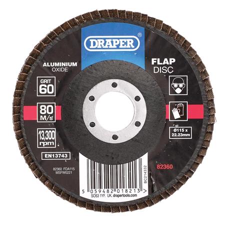 Draper 82360 Aluminium Oxide Flap Disc, 115 x 22.23mm, 60 Grit