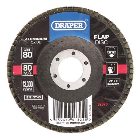 Draper 82870 Aluminium Oxide Flap Disc, 115 x 22.23mm, 80 Grit