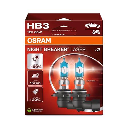Osram Night Breaker Laser 12V 60W HB3 +150% Brighter Headlight Bulb   Twin Pack