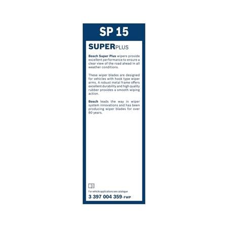 BOSCH SP15 Superplus Wiper Blade (380mm   Hook Type Arm Connection) for Honda CIVIC II, 1983 1987