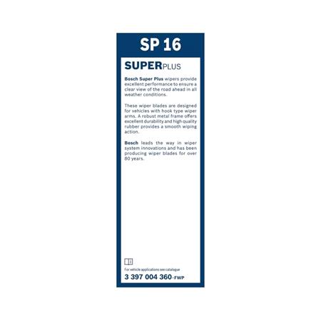 BOSCH SP16 Superplus Wiper Blade (400mm   Hook Type Arm Connection) for Opel ASTRA G Coupe, 2000 2005