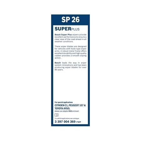 BOSCH SP26 Superplus Wiper Blade (650mm   Hook Type Arm Connection) for Ford TOURNEO CONNECT, 2006 2012