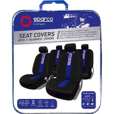 Sparco Universal Polyester Fabric Car Seat Cover Set   Black and Blue For Peugeot 206+ 2009 2012