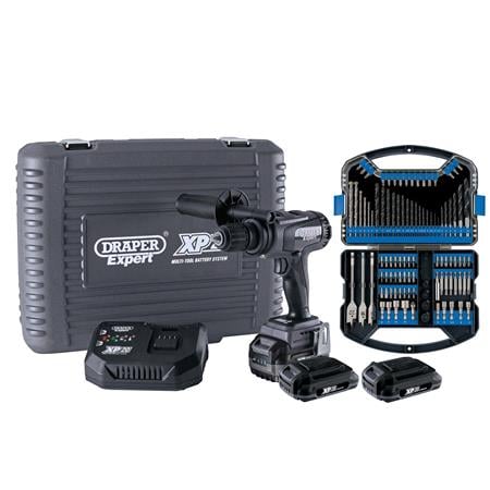 Draper 93076 XP20 Brushless Combi Drill 135Nm + 3x 2Ah Batteries and Fast Charger + Drill Bit Accessory Kit (101 piece)