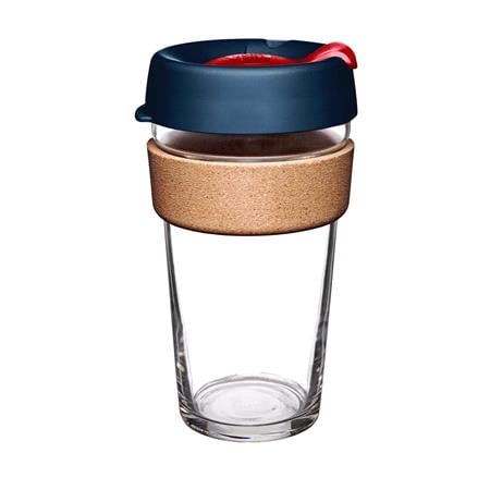 KeepCup Brew Glass Coffee Cup   455ml   Midnight Blue Lid and Tomato Red Plug