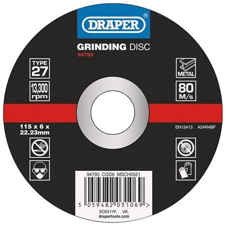 Draper 94793 DPC Metal Grinding Disc, 115 x 6 x 22.23mm