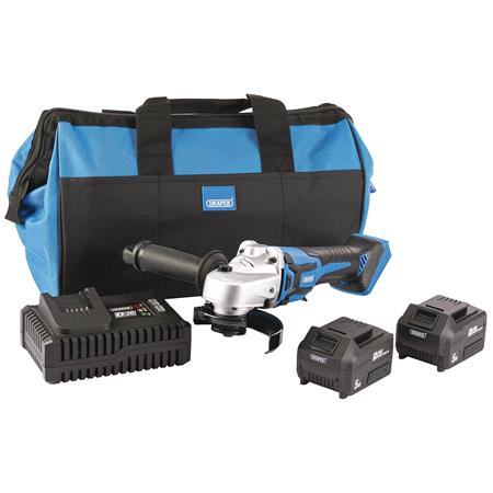 Draper 99730 D20 20V Brushless Angle Grinder, 115mm, 2 x 5.0Ah Batteries, 1 x Fast Charger, 1 x Bag