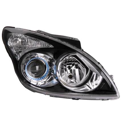 Right Headlamp (Halogen, Electric Adjustment, Black Bezel, Takes H7 / H1 Bulbs, Supplied With Motor, Original Equipment) for Hyundai i30 Hatchback 2009 2011