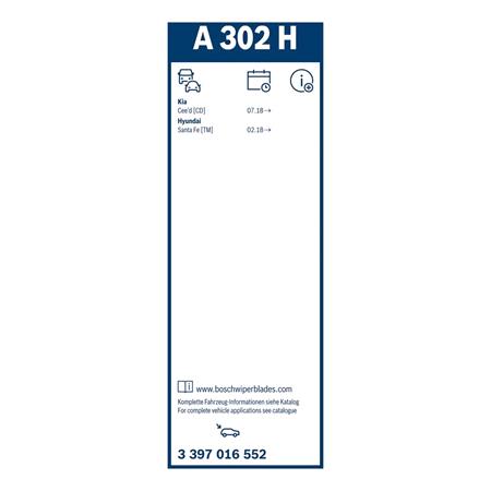 Bosch A302H AeroTwin Rear Flat Wiper Blade (300mm) for Kia CEED 2018 Onwards