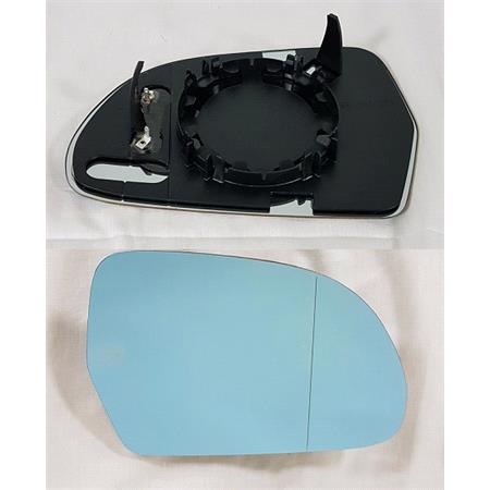 Right Blue Wing Mirror Glass (heated, for 125mm tall Wing Mirrors   see images) and Holder for Skoda SUPERB Estate 2009 2015, Please measure at the centre of glass to ensure its 125mm, otherwise this glass may not fit
