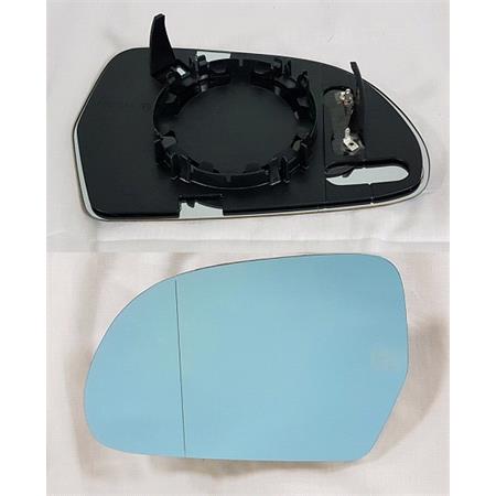 Left Blue Wing Mirror Glass (heated, for 125mm tall Wing Mirrors   see images) and Holder for AUDI A3, 2008 2010, Please measure at the centre of glass to ensure its 125mm, otherwise this glass may not fit