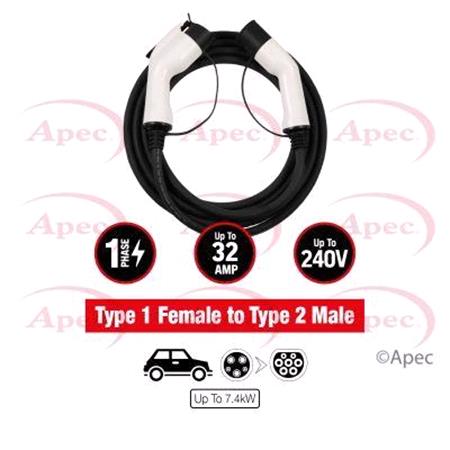 APEC   Type 1 to Type 2 EV Charging Cable   1 Phase   32A   7.4kW   5 Meters